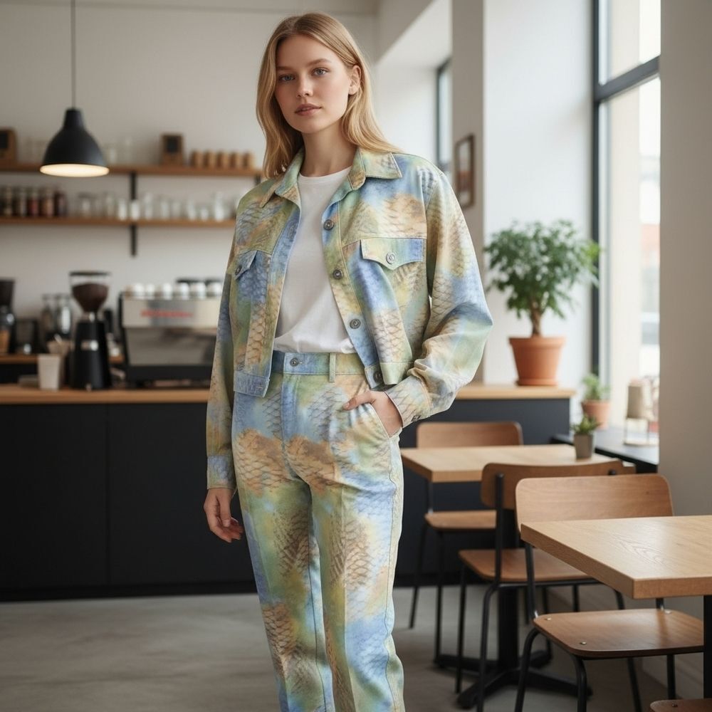 Opal Vintage Denim Abstract Snakeskin Colorful Denim Jacket & Jeans Matching Set